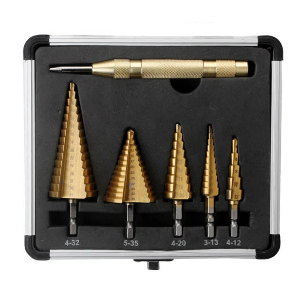 Step Drill Bit Set, Automatic Center Punch, Shaped Split Tip, W/Aluminum Case, Step Bits For Metal 5PCS