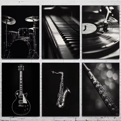 Modern Black and White Music Instrument Poster Guitar Drum Piano Trumpet Canvas Painting Wall Art Living Room Home Decor Mura