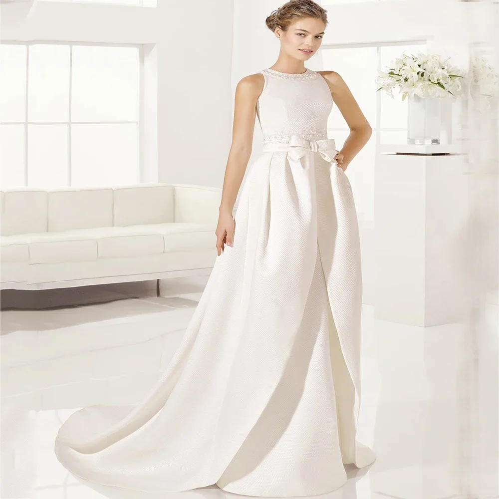 

Customized Simple Wedding Dresses Elegant Smooth A-line Sweep Train Sleeveless Back Button High Quality Women New Bridal