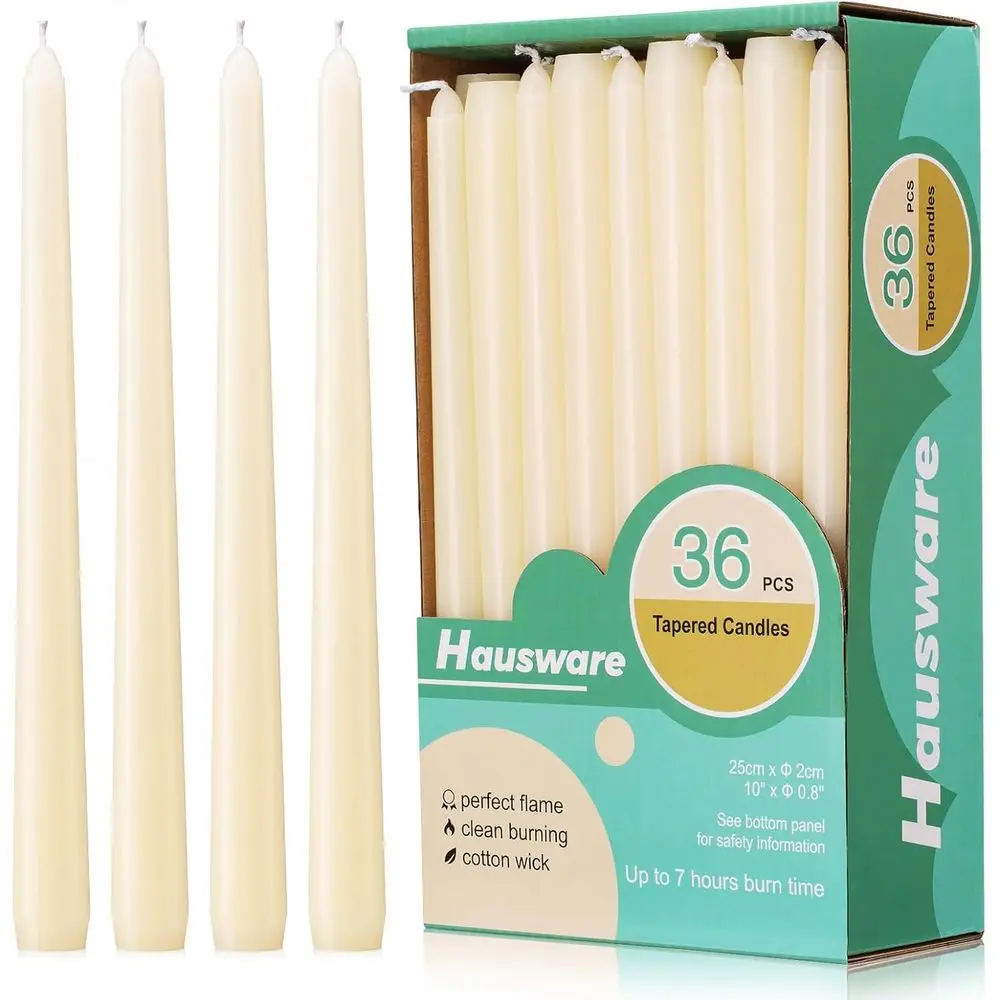 10 Inch Unscented Taper Candles, 8-Hour Burn, Premium Quality for Dinner, Home, Weddings, Parties (Ivory)