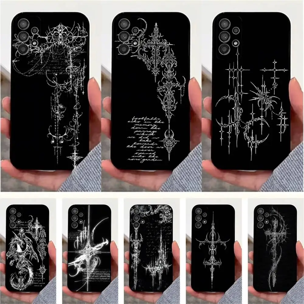 Cyber Sigil Cross Gothic Art Phone Case For Samsung S25,S24,S23,S22,S20,S21,S10,Ultra,Plus,Lite,FE,Soft Silicone Black Cover