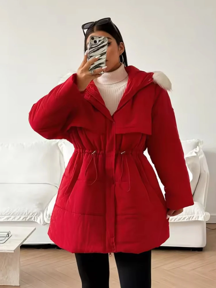 Casaco de inverno feminino tamanho grande vermelho fino cintura bolsos zip com capuz puffer casacos coreano popular roupas femininas jaquetas plus size topo