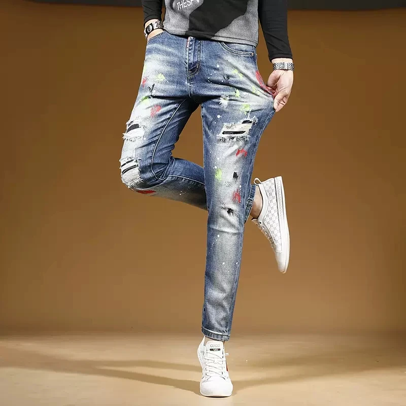 Graffiti Printed Ripped Blue Jeans Men Streetwear Casual Slim Fit Straight Leg Pants Patches Stretch Denim Trousers