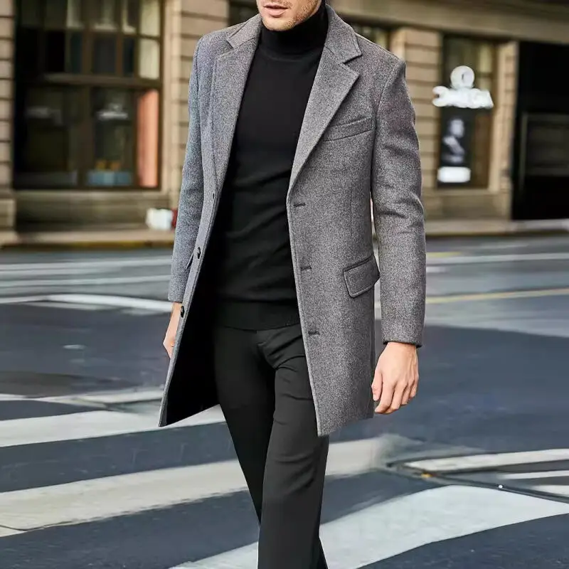 Autumn Winter Men's Business Casual Coats Turn Down Collar Long Woolen Outwear Male England Style Single Breasted Trench Coat