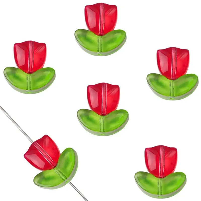 DT38 320 Pcs Colorful Translucent Tulips Flower Beads Handcrafted Tulips Glass Spacer Bead Crystal Loose Glass Flower Beads