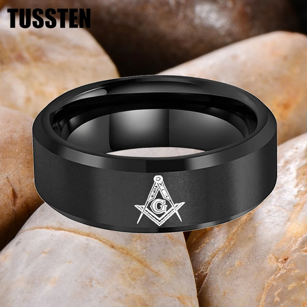 Dropshipping TUSSTEN 6/8MM Beveled Matte Tungsten Ring Laser Engraved With Mason Freemason Pattern For Comfortable Fit