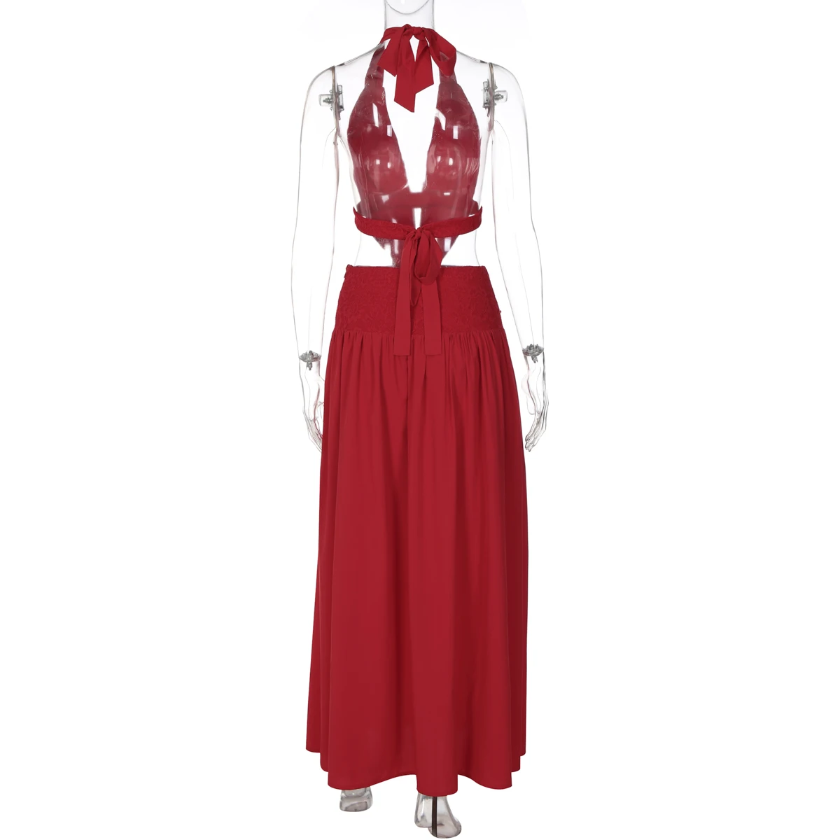 Hugcitar Damenmode, Neckholder, V-Ausschnitt, einfarbig, rückenfrei, gerüscht, mit Schnürung, sexy Maxikleid, Patchwork-Spitze, Sommerkleid, Strandurlaub – Detail 4