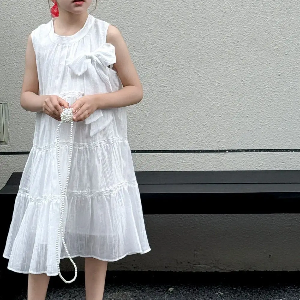 

Fashion Ruffle Girls Princess Dress Large Bow Children Summer Cake Dress Sweet Party Teens Long Dress Beach Vacation
