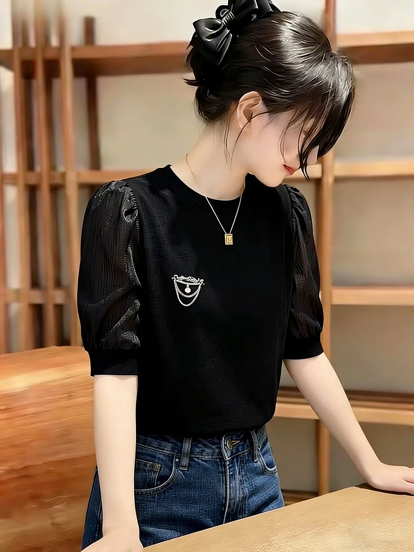 

Slimming Black Short Sleeve T-Shirt round Neck Casual Style Spring Summer Fashionable Versatile Women's Top Elegant Basic Shirt