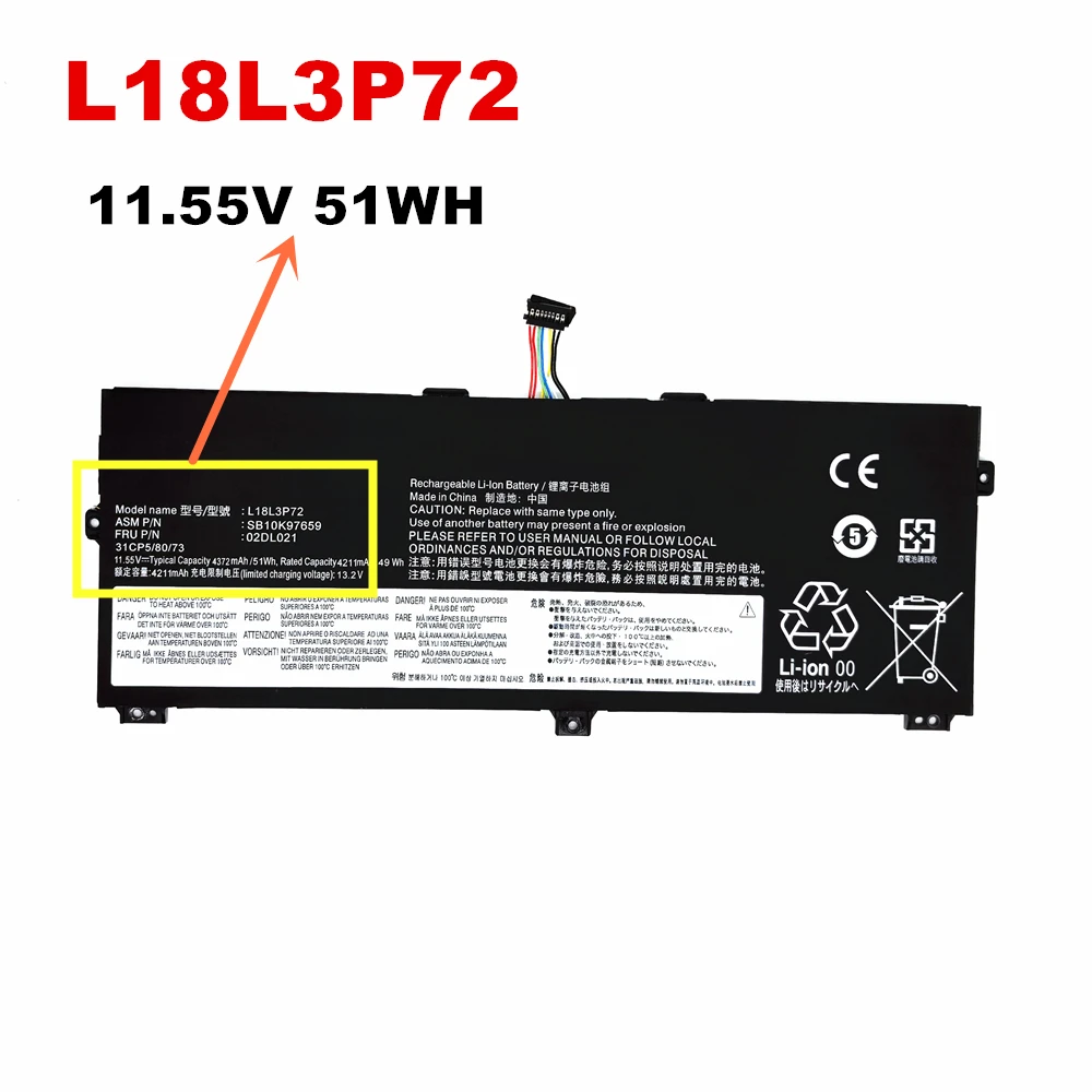 11.55V 51Wh L18L3P72 Laptop Battery For Lenovo ThinkPad X390 Yoga X13 Yoga Gen1 L18M3P72 L18S3P72 L19M3P71 02DL021 SB10K97659