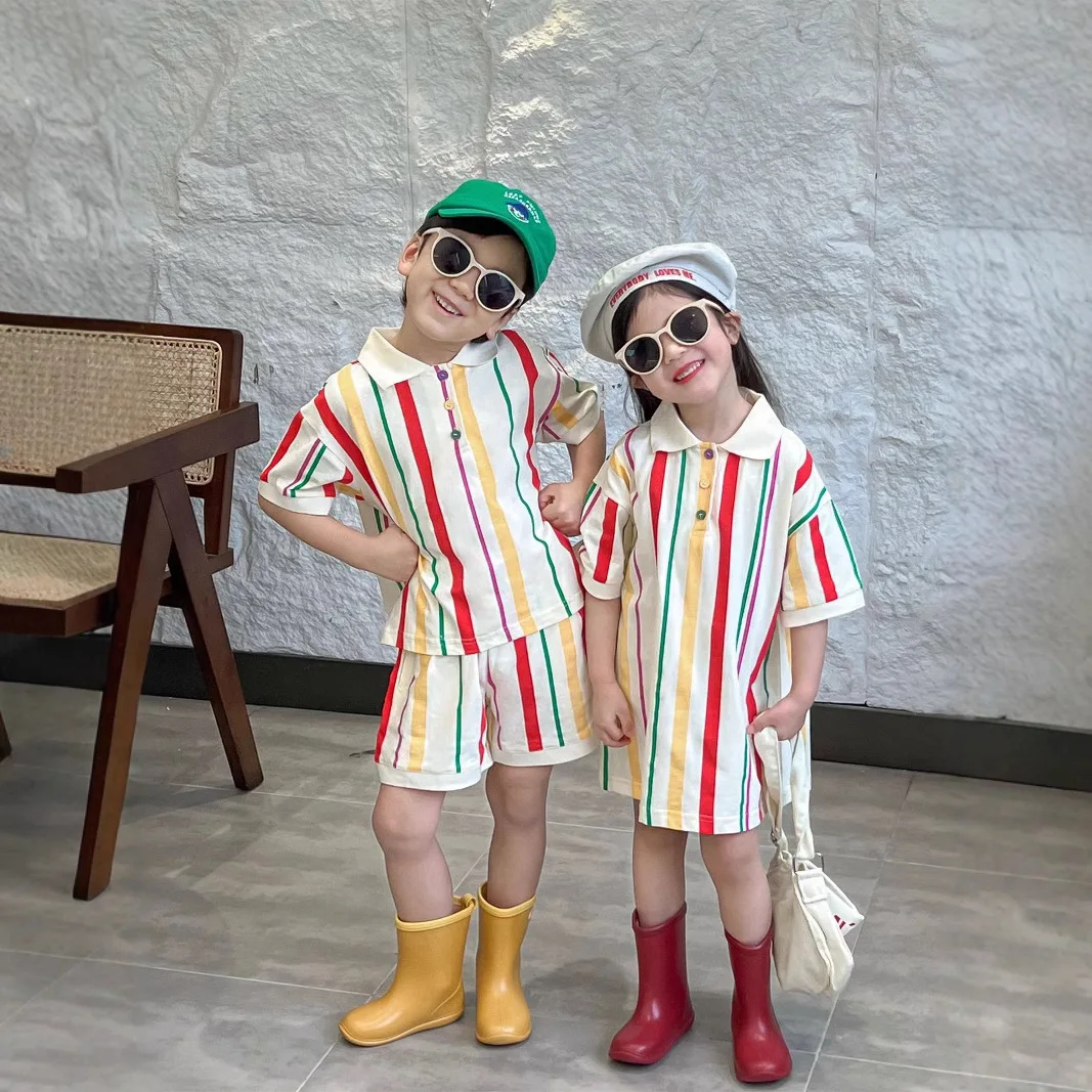 2024 Summer Korean Children's Clothing Boys and Girls Vertical Stripe Dress Short Sleeve Shorts Cover Brother Sister Clothing