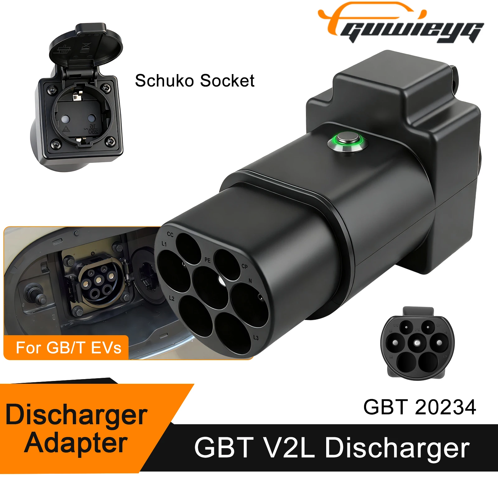 

GUWIEYG GB/T V2L Discharger Adapter for Chinese EV Cars BYD HAVAL Vehicle to Load for Camping Use Schuko Socket