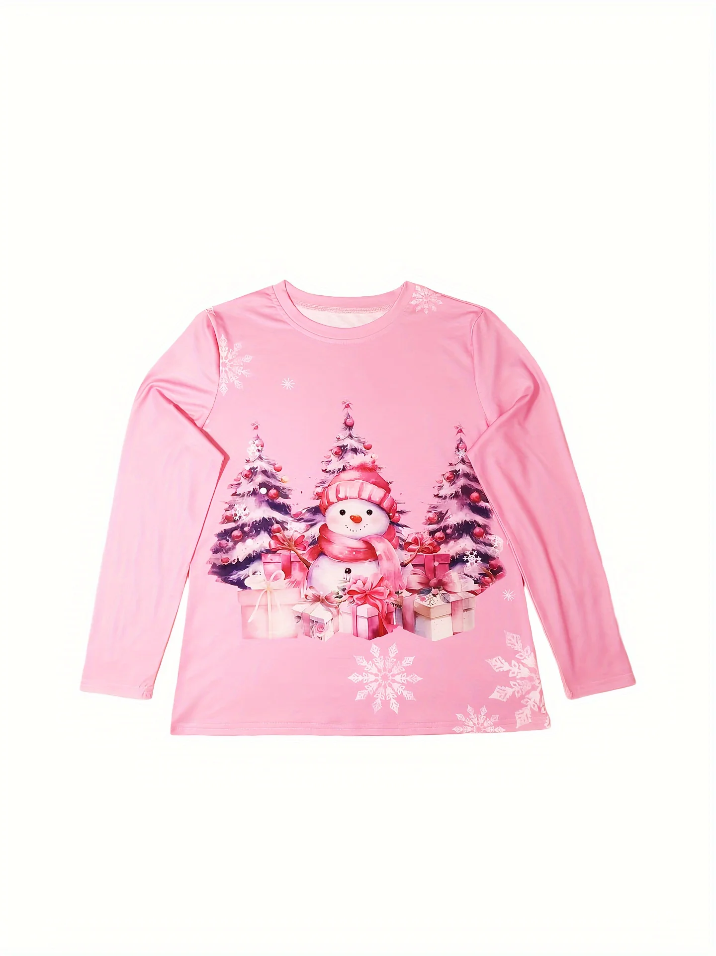 Women Round Neck Long Sleeve T‑Shirt Pink Snowman Christmas Tree Gift Box Print Holiday Casual Party Top Women's Clothes image 3