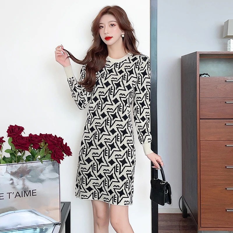 

Office Lady Knitted Dress Autumn Winter French Style Slim Crewneck Long Sleeve Mini Sweater Dress for Women 2022 Elegant Fashion