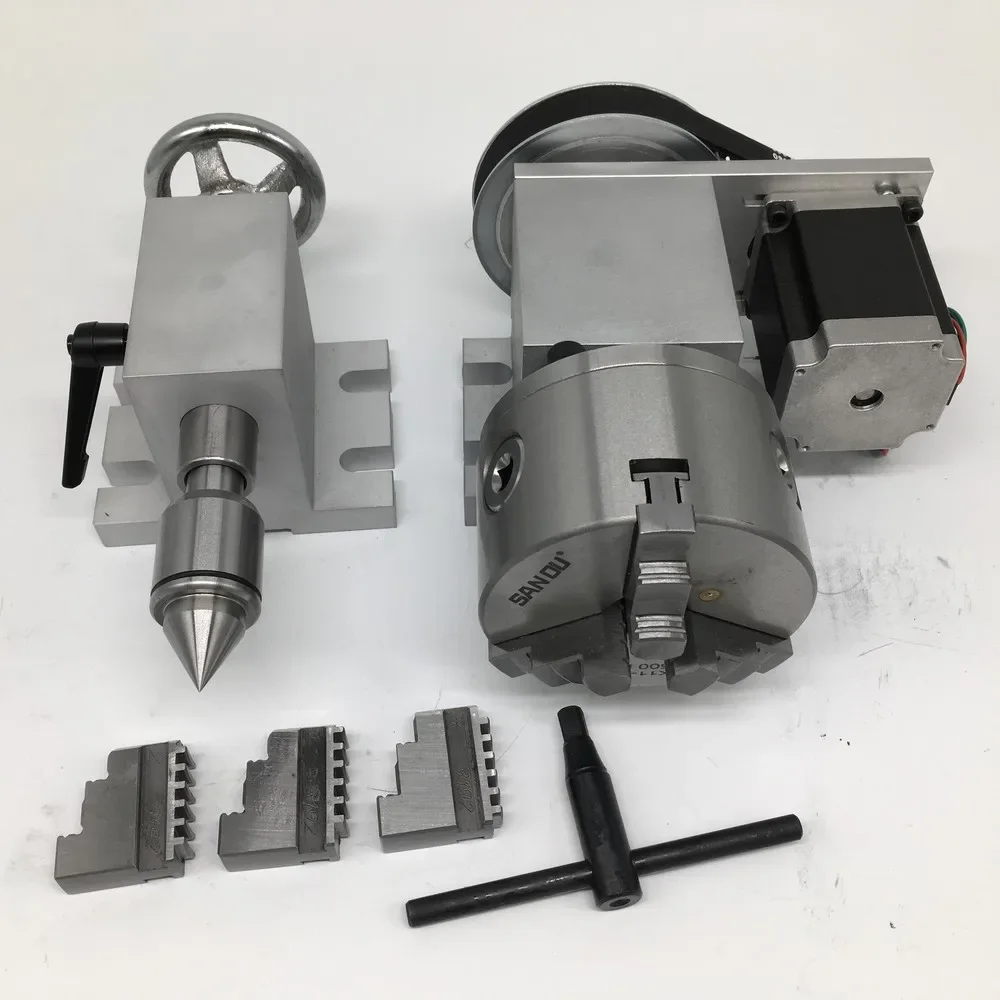 4 Axis rotation A Axis Extend Rotary & 3 Jaw 80mm K11-80 Chuck Nema23 stepper motor & MT2 Tailstock for wood CNC Milling Router