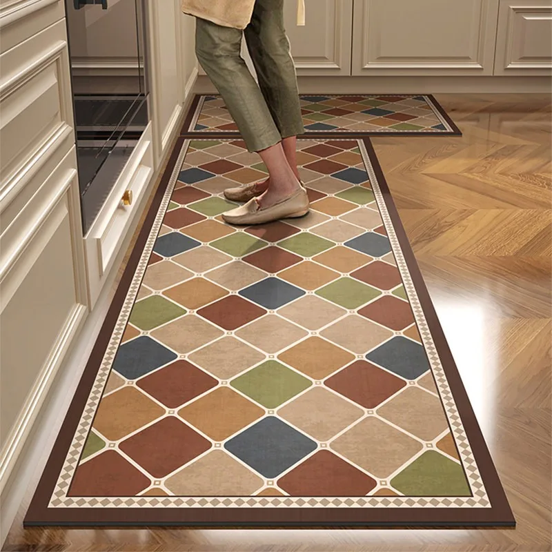Thick PVC Kitchen Rug Boho Retro Checkered Tile Printed Leather Carpet Wear Resistant Free Cut Easy Clean Doormat 러그 Tapis Ковер