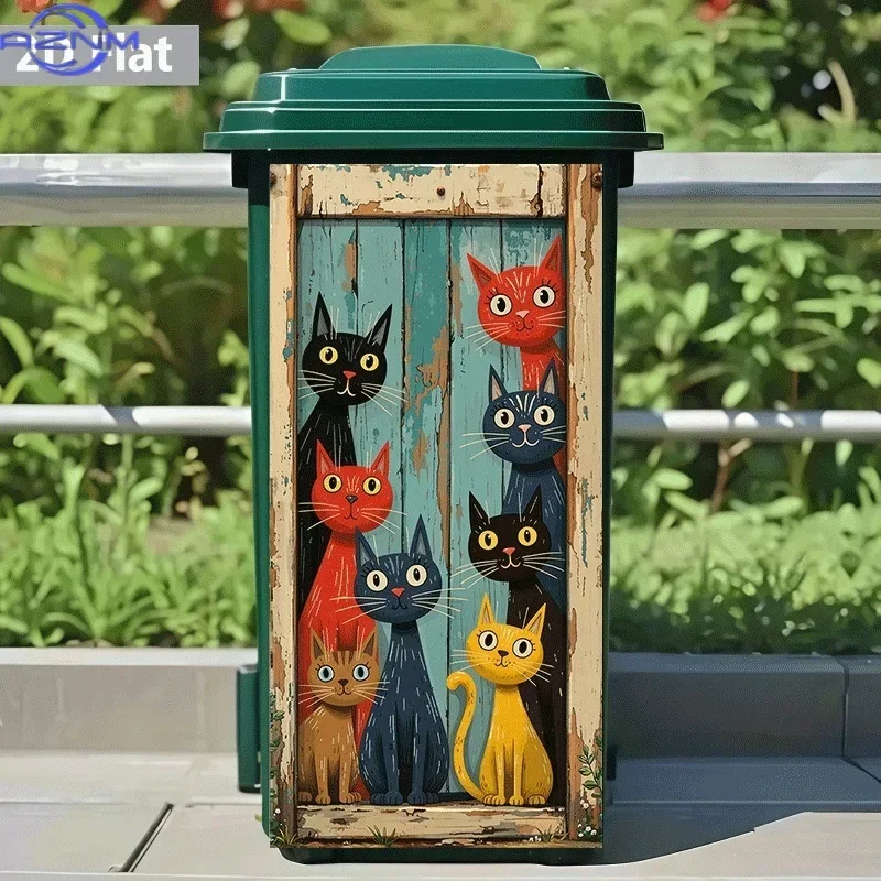 Self-Adhesive Trash Can Sticker Compatible for Walls & Doors - Traditional Cute Kitten & Wood Bin Design, Peel-and-Stick Wallp