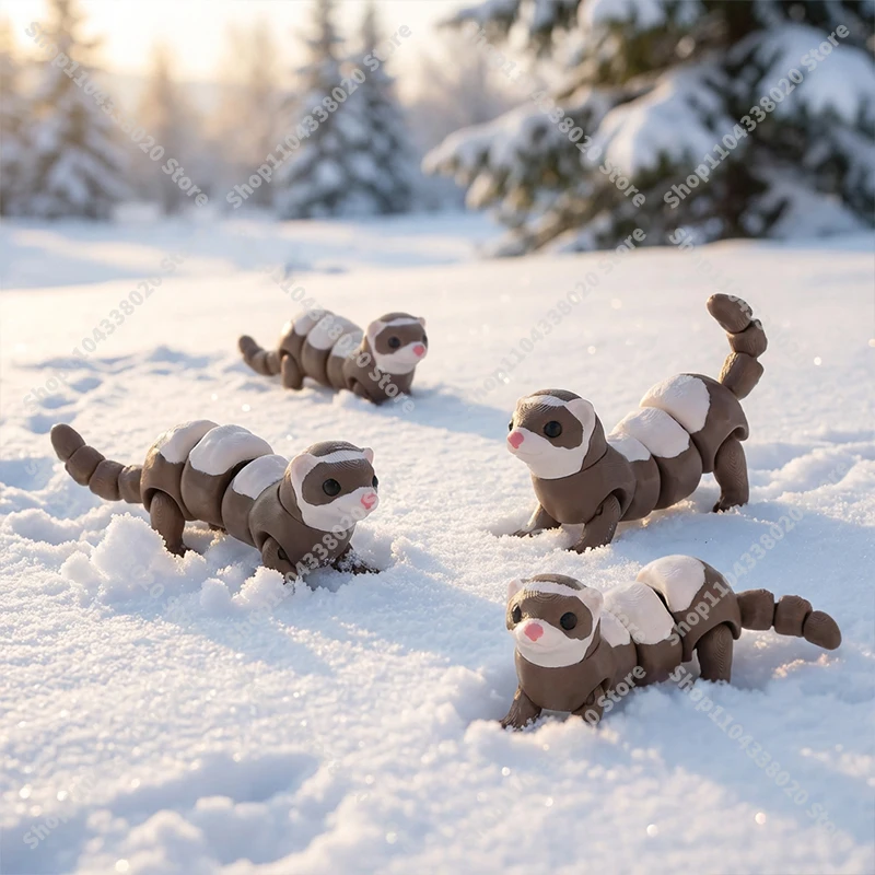 Articulated Ferret Figure - 8cm Brown & White Jointed Stuffed Animal, Poseable Collectible for Desk Decor