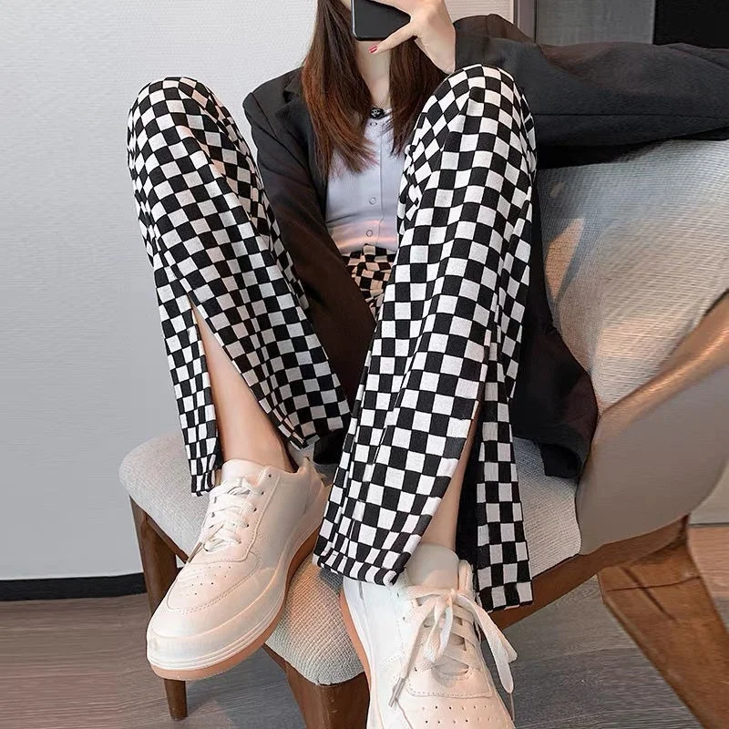 Clothing Casual Womens Pants Loose Trousers Woman Plaid High Waist Trends 2024 Baggy Nylon Elastic With Elegant Classy Aesthetic