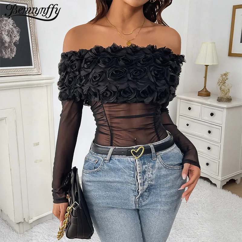 

Benuynffy Sexy See Through Mesh Body Top Women Elegant Club Party Off Shoulder Three-dimensional Decoration Solid Color Bodysuit