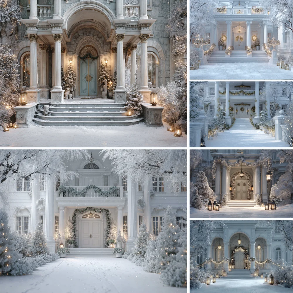 

Beautiful Christmas Outdoor Evening Snow Photography Background Christmas Tree Lights With Winter Children's House Party Photo