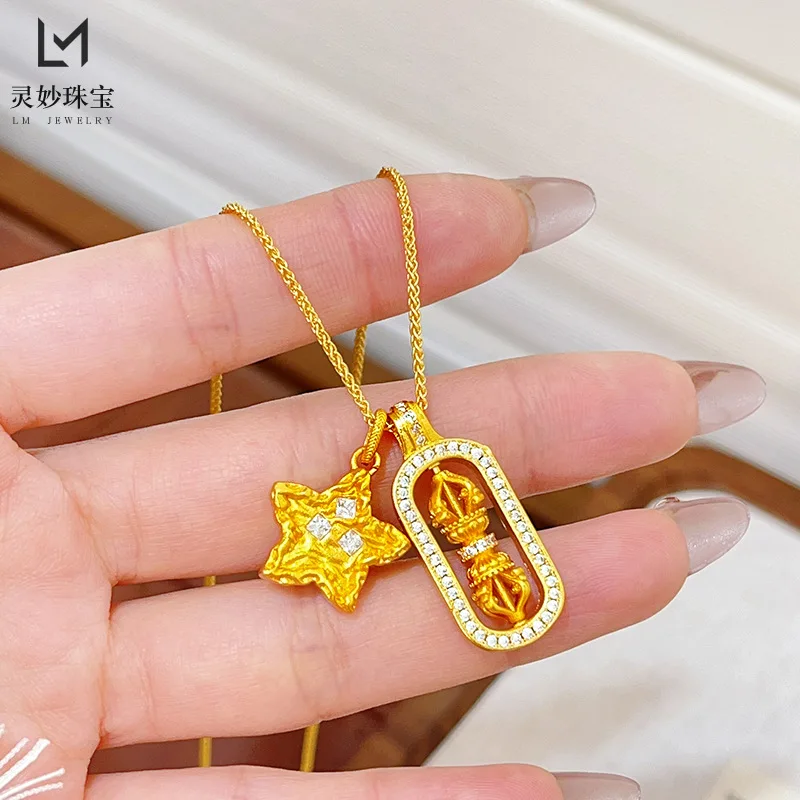 

Light luxury exquisite 999 24K real gold dot diamond vajra hammer pattern star stacked with pendant necklace rotatable for women