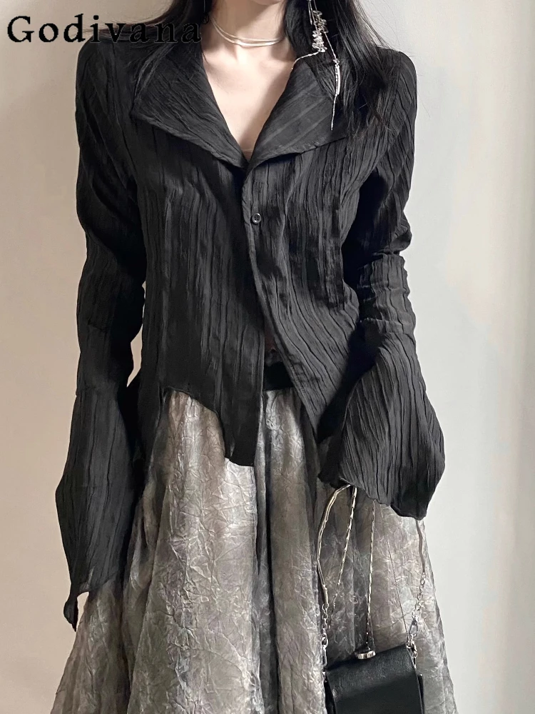 

Dark Girl Spring Autumn New Chic Versatile Long Sleeve Simple Black Shirt 2025 Retro Gauze Irregular Elegant Age-reducing Skirt