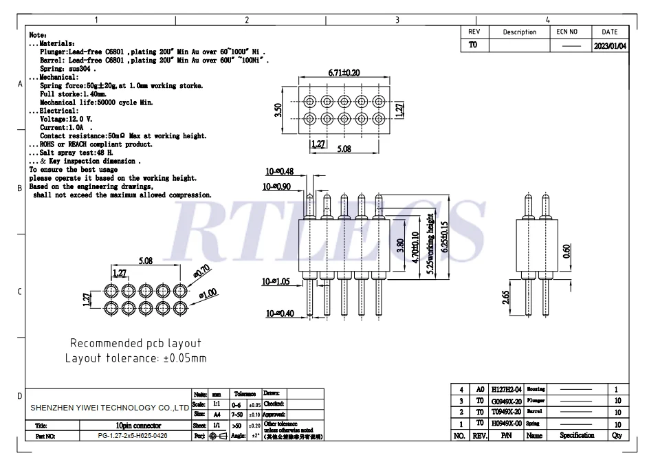 2/10 Stück PogoPin-Stecker, männlich, 1,27 mm Rastermaß, federbelastet, 2 4 5 6 8Pin weiblich, zweireihig, 10 P DIP, Durchgangslöcher, PCB, vergoldet – Detail 9