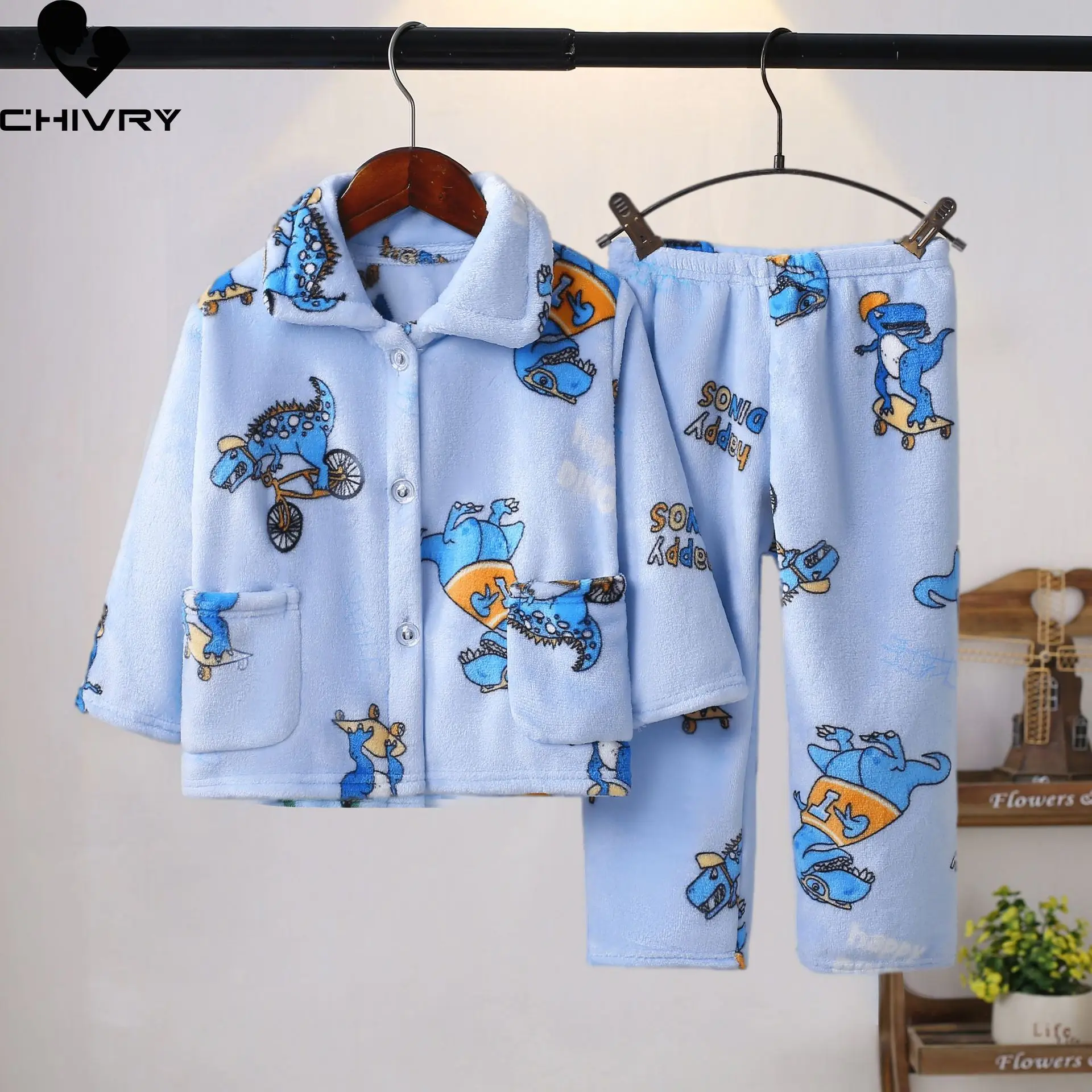 New Kids Boys Girls Autumn Winter Flannel Warm Pajamas Cartoon Long Sleeve Lapel Tops with Pants Baby Sleeping Clothing Sets