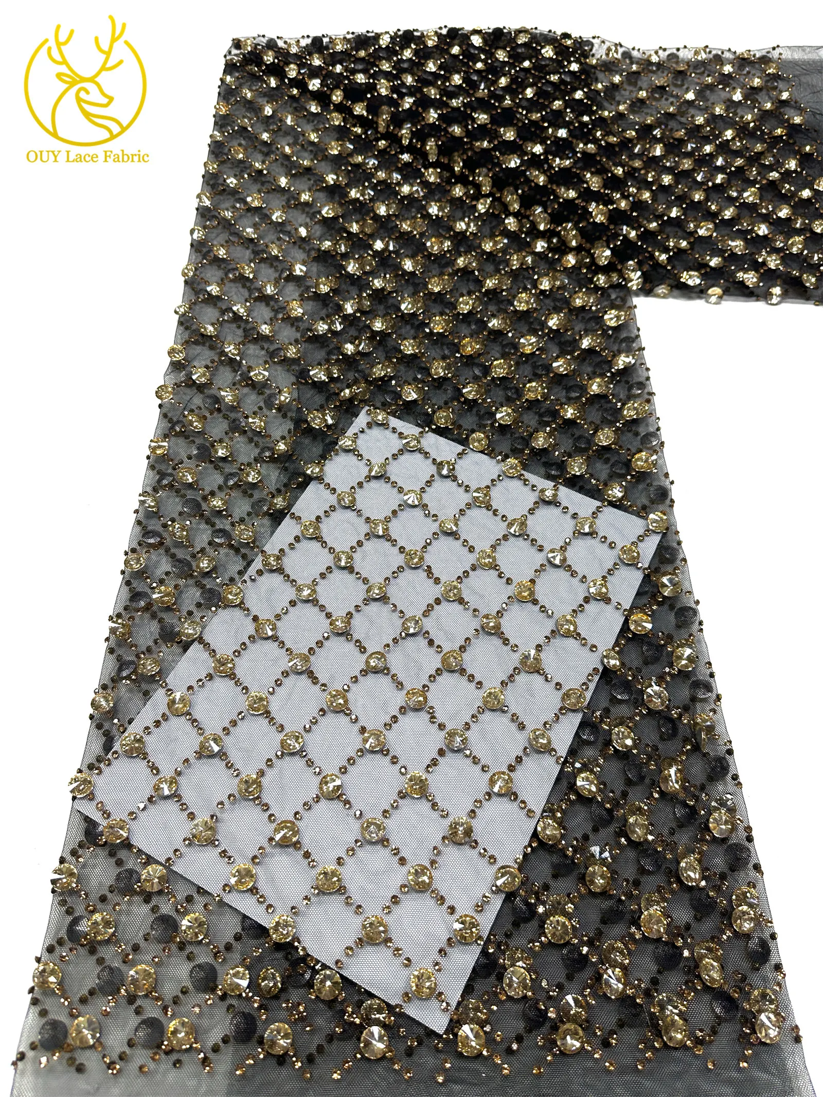 Hochwertiger, maßgefertigter, luxuriöser, handgefertigter Diamant-Mesh-Spitzenstoff 2026 – Afrikanischer Spitzenstoff, nigerianischer Stein-Tüll-Spitzenstoff für Partykleider zum Nähen – Detail 18