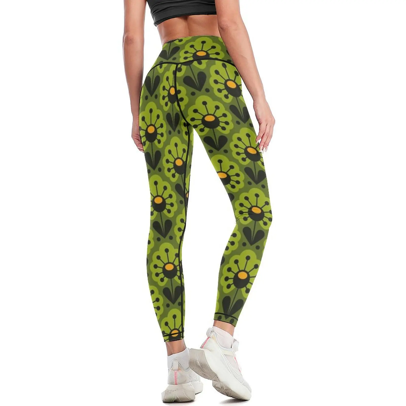 Leggings femininas de cintura alta verde brincalhão, leggings push-up, flores retrô, 0917