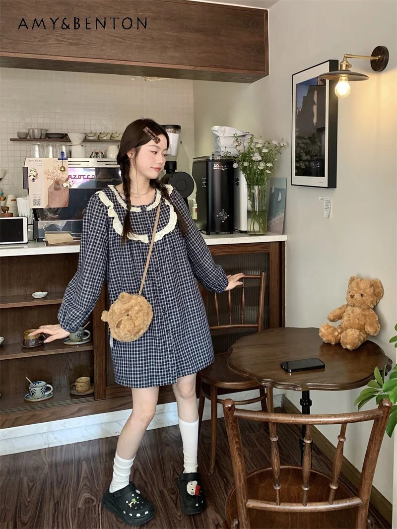 

2024 New Japanese Literary and Artistic Retro Plaid Lace Long-Sleeved Autumn Loose A-Line Dress For Women