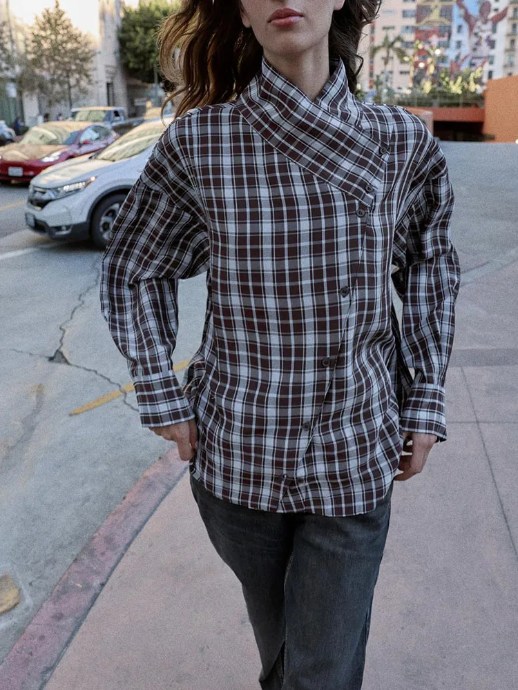 

Spring 2026 New Sweet Sle Women's Long Sve Stand Collar Plaid Double Breasted irt Regular Length Outerwear Jaet