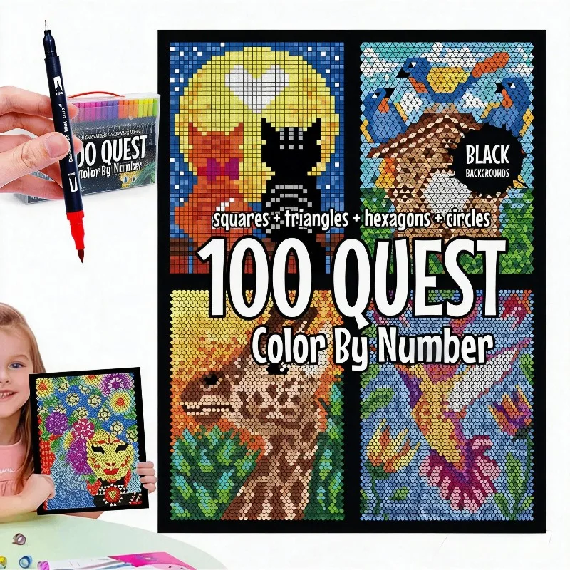 Libro de Colorear Digital Sólido, Quest Color By Numbers, 100 Temas, Planificador de Autodisciplina para Adultos, Alivio del Estrés, Bolígrafo de Doble Punta