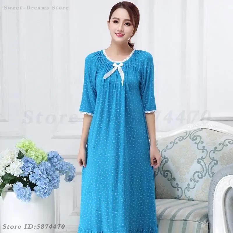 Spring Summer Long Nightdress Sweet Round Neck Printed Nightgown Sleepwear Cute Princess Home Dressing Loose Casual Nightwear 3