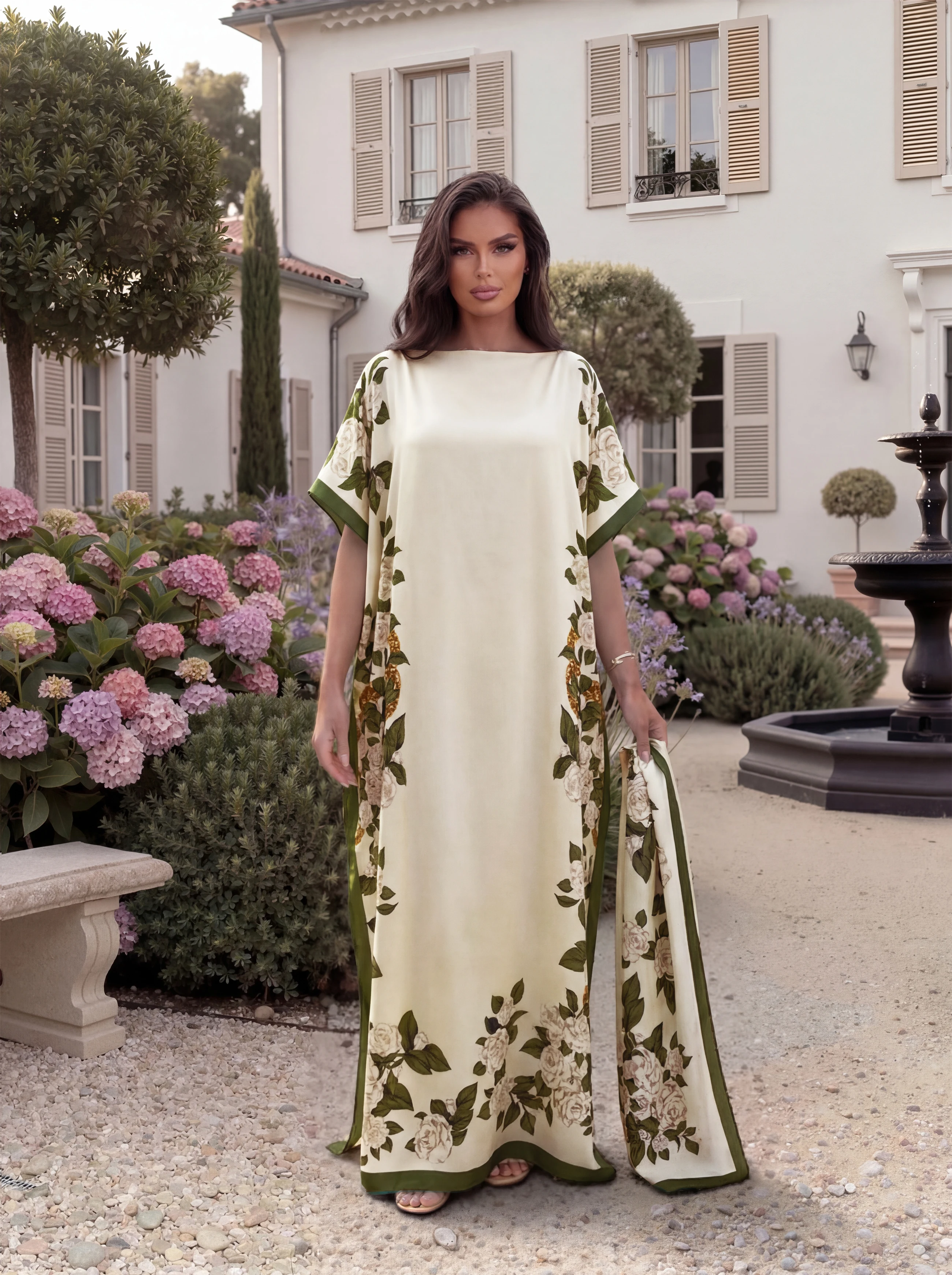 Border Floral Print Abaya with Matching Scarf, Loose‑fit Long Robe, Summer Beach Vacation Outfit for African Muslim Ladies