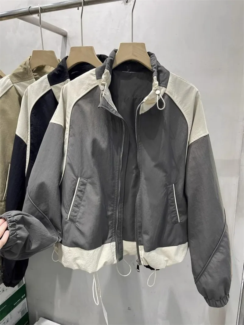 European Fashion High Street Jacket Turn Down Collar Contrast Color Patchwork Coat Zipper Drawstring Grunge Streetwear Chaquetas