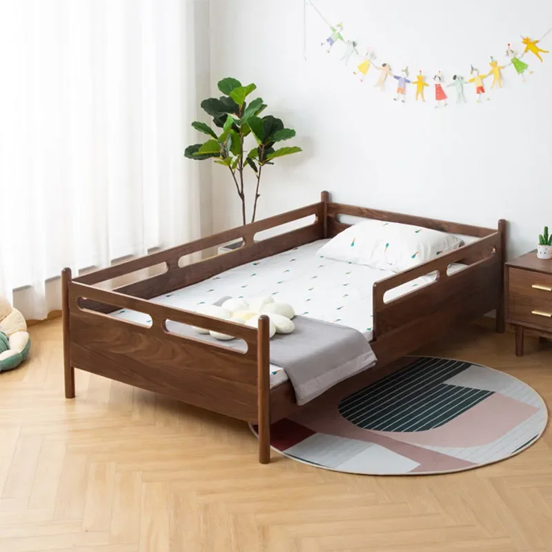for North American Cherry Wood All Solid Wood Cartoon Children Bed Black Walnut Splicing Queen Bed Minimalist Widened Baby