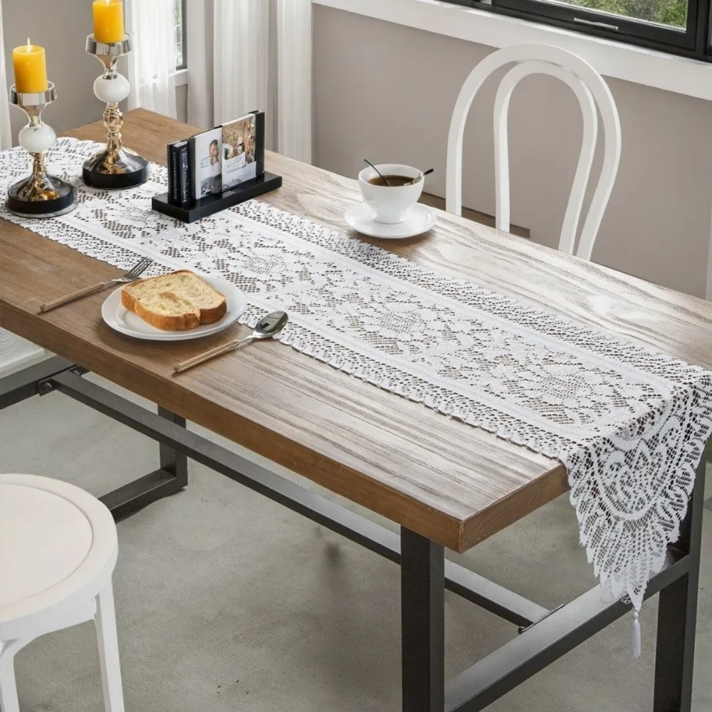 New Lace Table Runner Solid Color with Tassel Dining Table Mat Table Decoration for Wedding Banquet