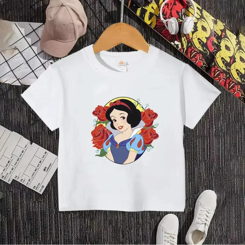

Disney Snow White, новинка 202, летняя футболка из чистого хлопка для мальчиков и девочек, детский уличный топ с героями мультфильмов аниме