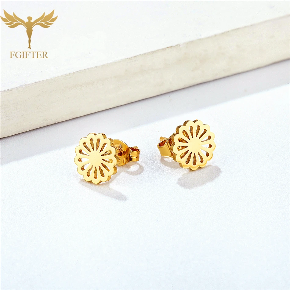 12 Pairs Beautiful Hollow Multi Petal Flower Earrings Set Geometric Pattern Stainless Steel Ear Studs Women Jewelry Wholesale