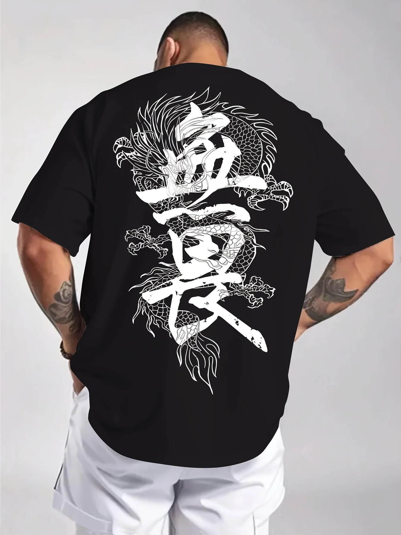 Retro-T-Shirt mit chinesischer Drachen-Kalligrafie, 100 % Baumwolle, Herren-T-Shirt, Sommer, lässig, Streetwear, atmungsaktiv, weich, für den Alltag