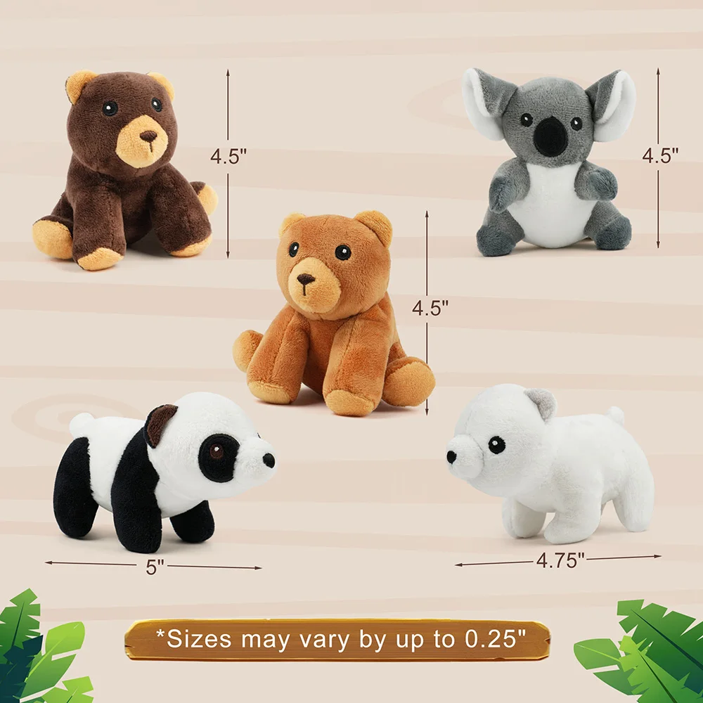 Stuffed Animals, 5 Small Forest Animals, Plush Toy for Kids Toddlers, Bears, Panda, Koala, Polar Bear Christmas Birthday Gifts