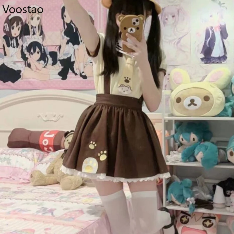 Kawaii Lolita Style Skirt Set Women Sweet Little Bear Embroidery Short Sleeve T-shirts Suspender Skirts Suit Cute Korean Sets