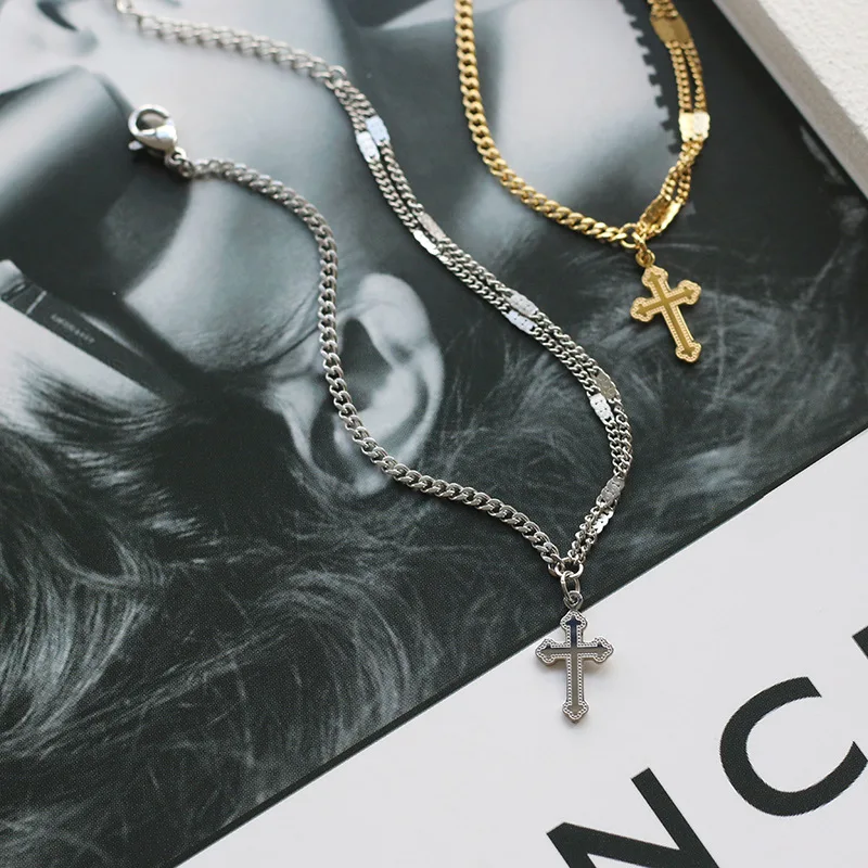 316L Stainless Steel Flat Cross Pearlescent Chain Necklace Bracelet For Women New Trendy Choker Jewelry Set Gift Party