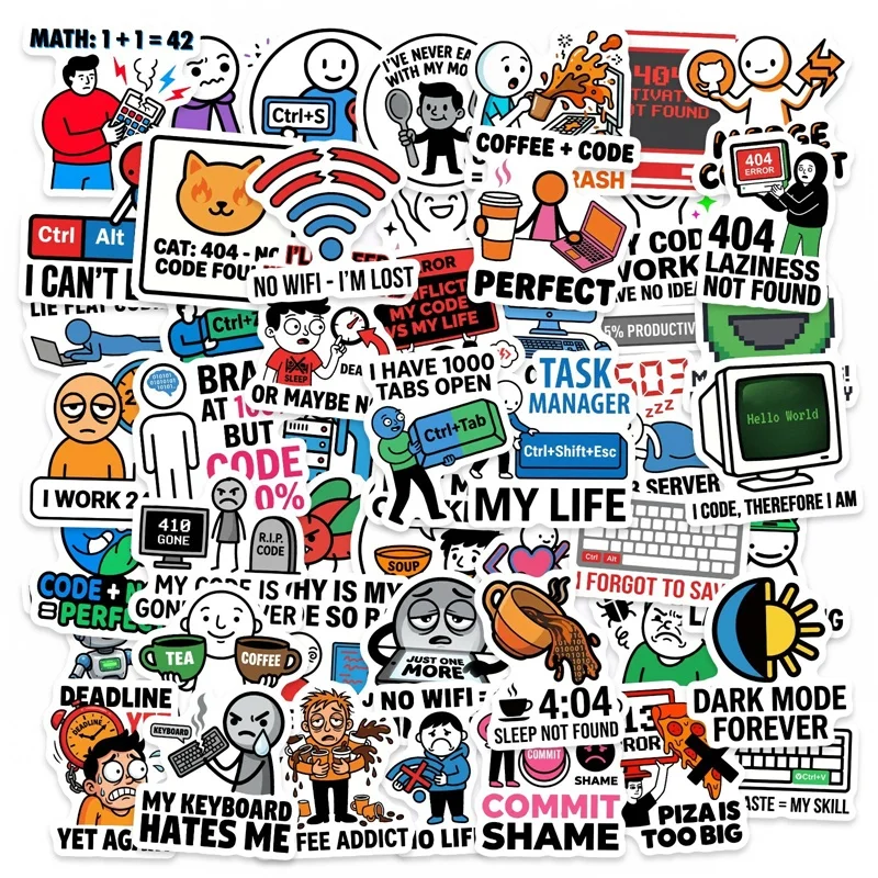 

50PCS Cartoon Programmer Mentality PVC Sticker Aesthetic Colored DIY Sticky Decoration Scrapbooking Hand Accounting Supplies