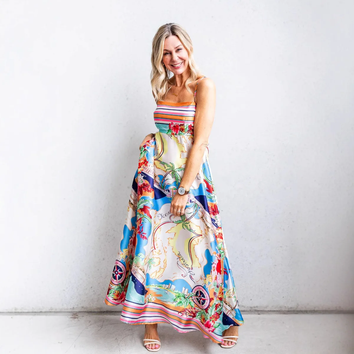 Letnia europejska i amerykańska nowa odzież damska Sukienka z wysokim stanem i nadrukiem w stylu wakacyjnym