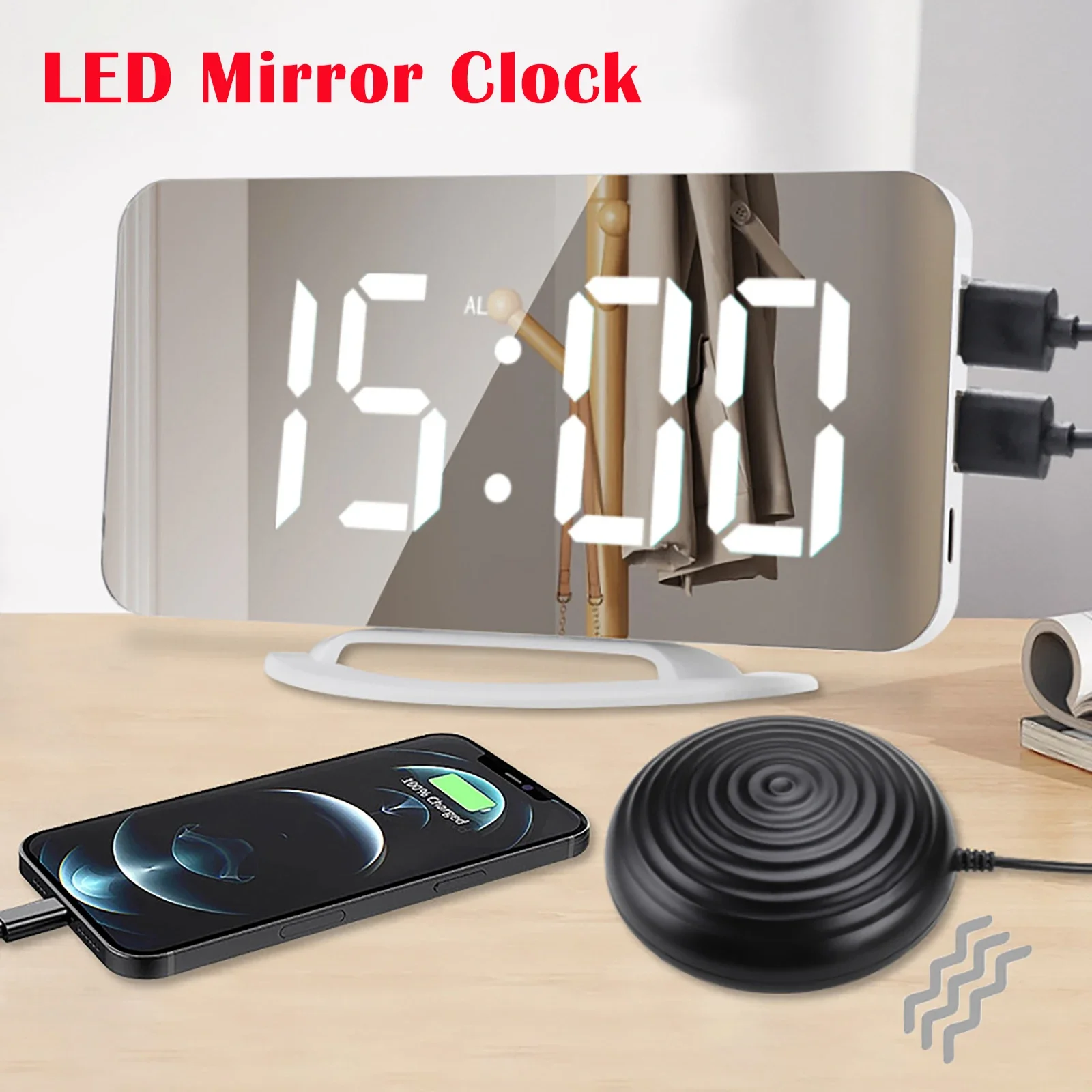 

LED Mirror Clock Digital Alarm Snooze Clock USB Charging CreativeTable Clock Adjustable Brightness Memory Alarm Clock Home Decor