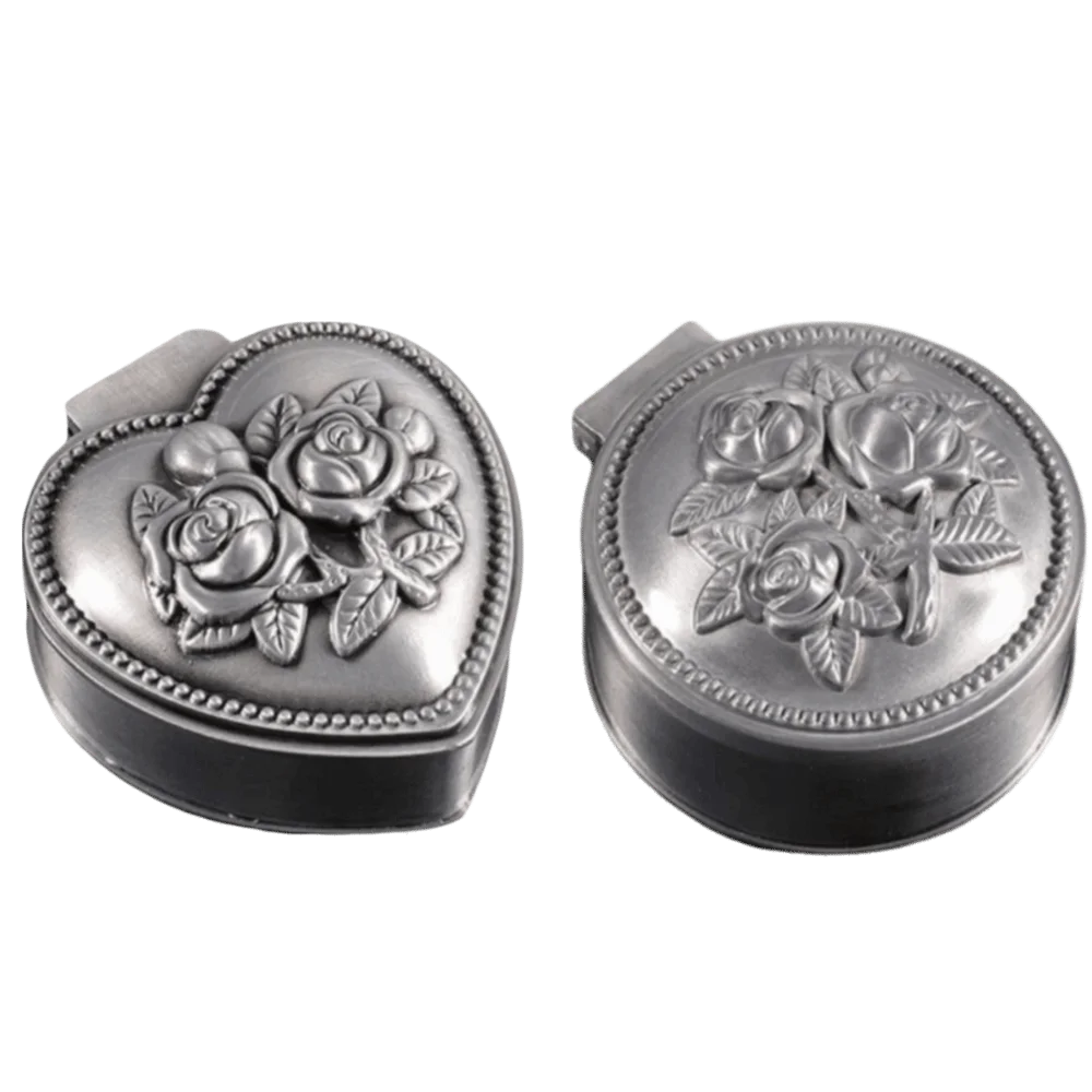 2pcs Metal Construction Metal Jewelry Box Rose 3D Embossment Round And Heart Shape Jewelry Organizer Antique Tin Tone Zinc Alloy