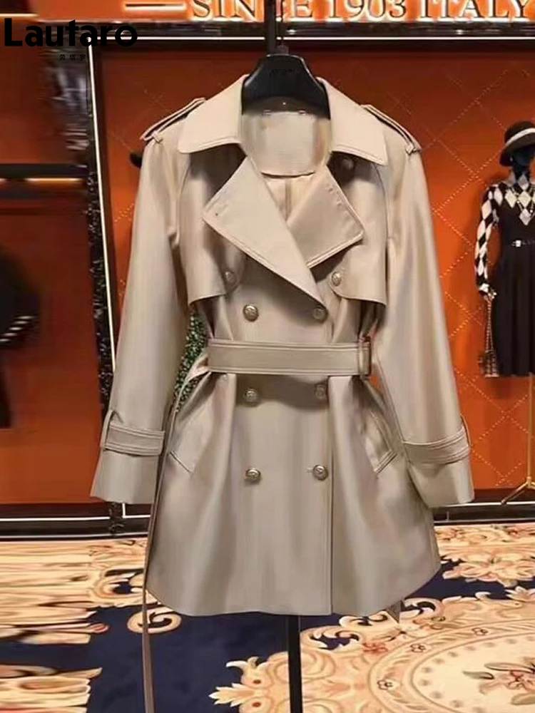 Lautaro Spring Autumn Khaki Satin Trench Coat for Women Belt Double Breasted Elegant High Quality Luxury Designer Clothing 2024